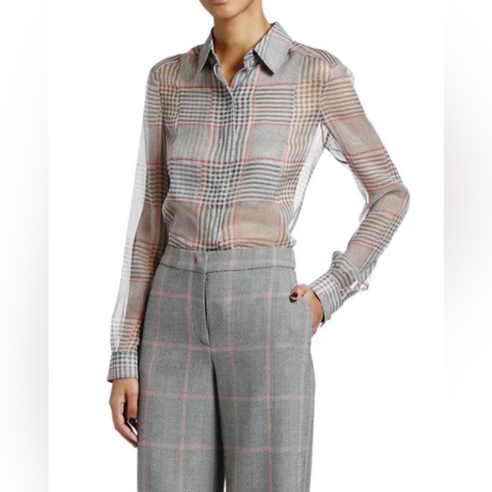 NWT Giorgio Armani Plaid Chiffon Button Front Classic Blouse